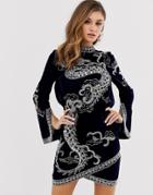 Asos Design Mini Dress In Velvet With Embellished Dragon-navy