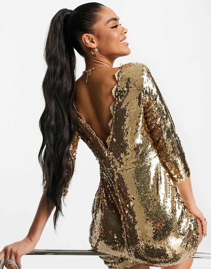 Tfnc Sequin Three-quarter Sleeve Mini Dress In Gold