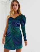 Reclaimed Vintage Inspired One Sleeve Velvet Mini Dress In Snake Print - Multi