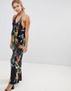 Qed London Floral Print Halterneck Jumpsuit - Black