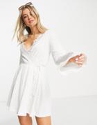 Asos Design Textured Long Sleeve Mini Wrap Dress With Crochet Trim In White