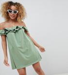 Asos Design Petite Off Shoulder Sundress With Double Ruffle - Green