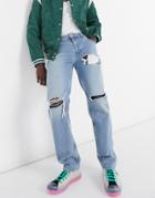 Asos Design Original Fit Jeans In Stone Wash With Heavy Rips-blues