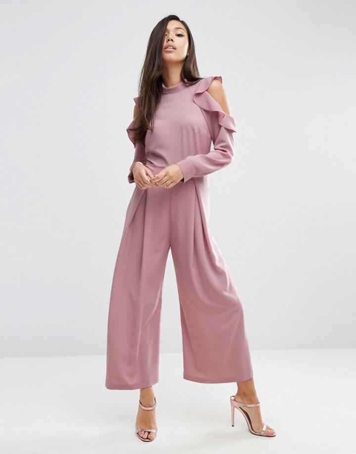 Asos Cold Shoulder Ruffle Jumpsuit - Pink