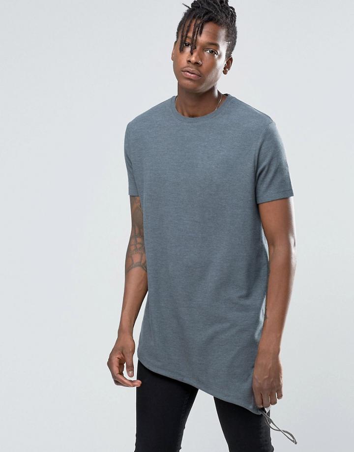 Asos Super Longline Textured T-shirt With Symmetric Drawcord Hem In Khaki - Green