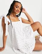 Asos Design Broderie Tie Strap Pep Hem Mini Dress In White