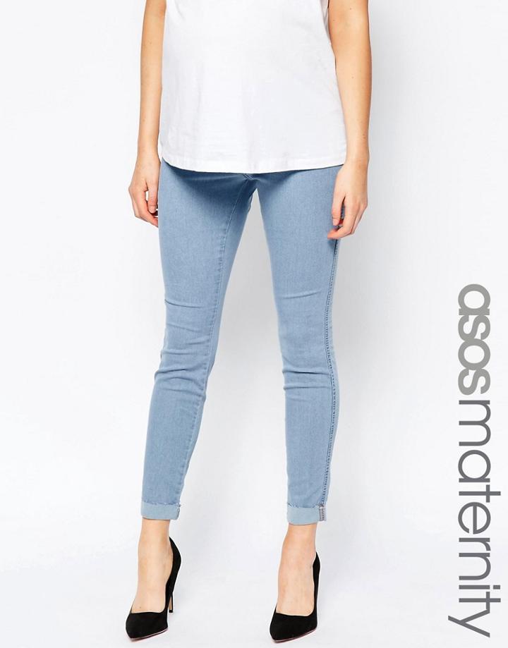 Asos Maternity Rivington Denim Jeggings In Candy Light Blue With Turn Ups With Under The Bump Waistband - Blue