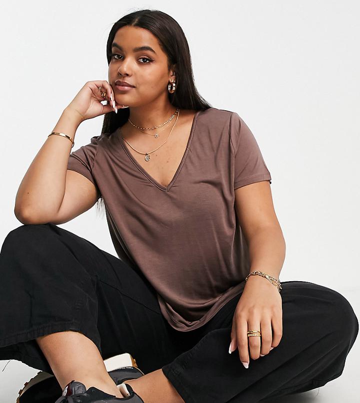 Asos Design Curve Relaxed V Neck T-shirt In Brown