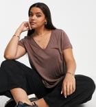 Asos Design Curve Relaxed V Neck T-shirt In Brown