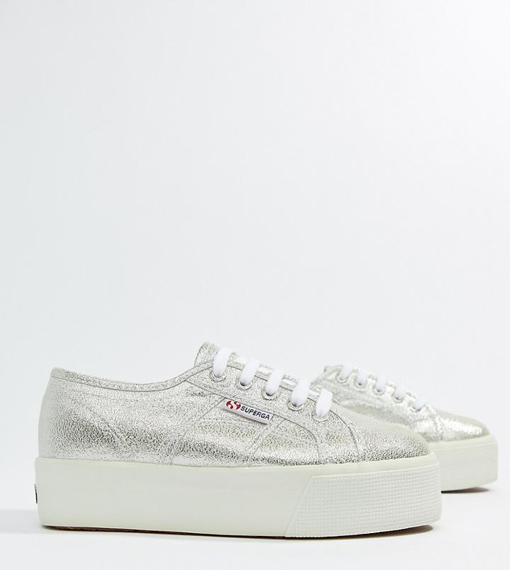 Superga 2790 Metallic Lame Flatform Trainers In Silver - Silver