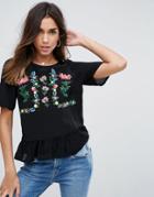 Asos Ruffle Hem Tee With Embroidery - Black