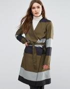 First & I Belted Strip Coat - Green