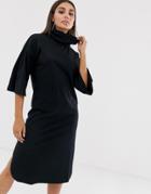 Asos Design High Neck Midi Swing Dress With Trumpet Sleeves-black