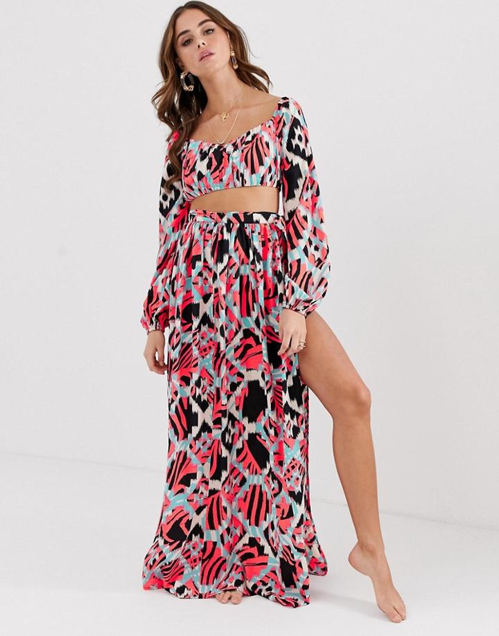 Asos Design Beach Crop Top In Ikat Print With Milkmaid Sleeves Two-piece-multi
