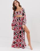 Asos Design Beach Crop Top In Ikat Print With Milkmaid Sleeves Two-piece-multi