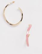 Asos Design Hoop Earrings In Wavey Design With Pink Enamel In Gold Tone