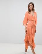 Asos Flutter Sleeve Midi Dress With Hanky Hem In Glitter Spot - Orange