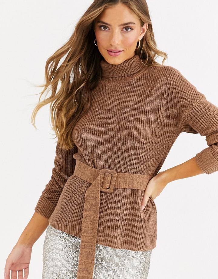 Fashion Union High Neck Fitted Sweater With Waist Belt-brown