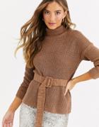 Fashion Union High Neck Fitted Sweater With Waist Belt-brown