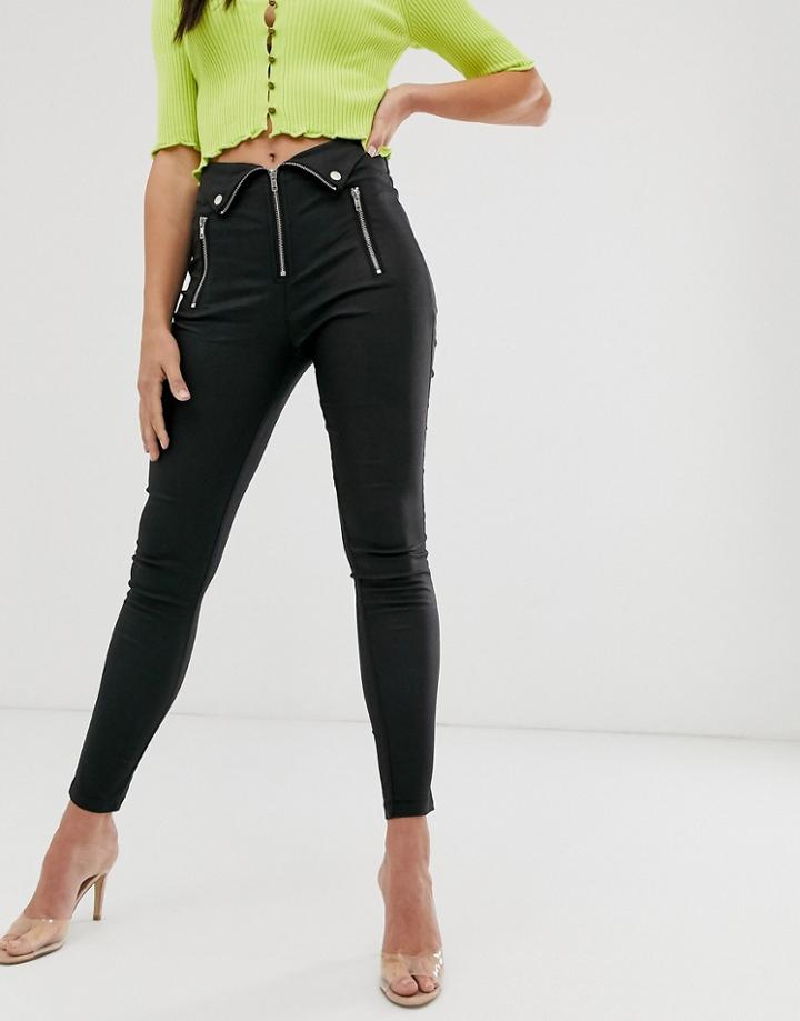 Parallel Lines Leather Look Slim Biker Pants With Multiple Zip And Button Detail In Black - Black