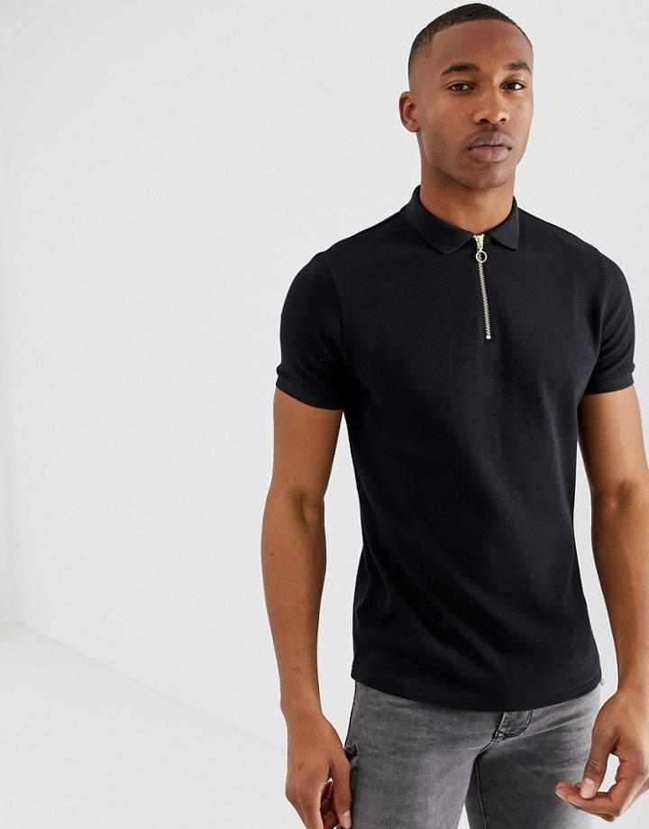 Asos Design Polo In Waffle With Zip Neck In Black - Black