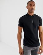Asos Design Polo In Waffle With Zip Neck In Black - Black