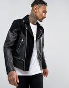 Diesel L-bort Leather Suede Mix Zip Biker Jacket - Black