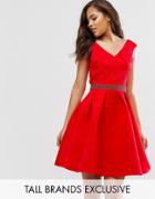 Little Mistress Tall Bardot Prom Dress With Lace Top And Embellished Waist - Red