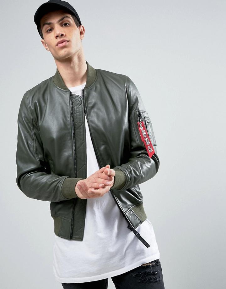 Alpha Industries Ma1 Leather Bomber Jacket In Green - Green