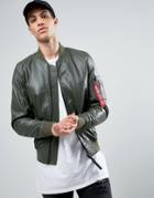 Alpha Industries Ma1 Leather Bomber Jacket In Green - Green