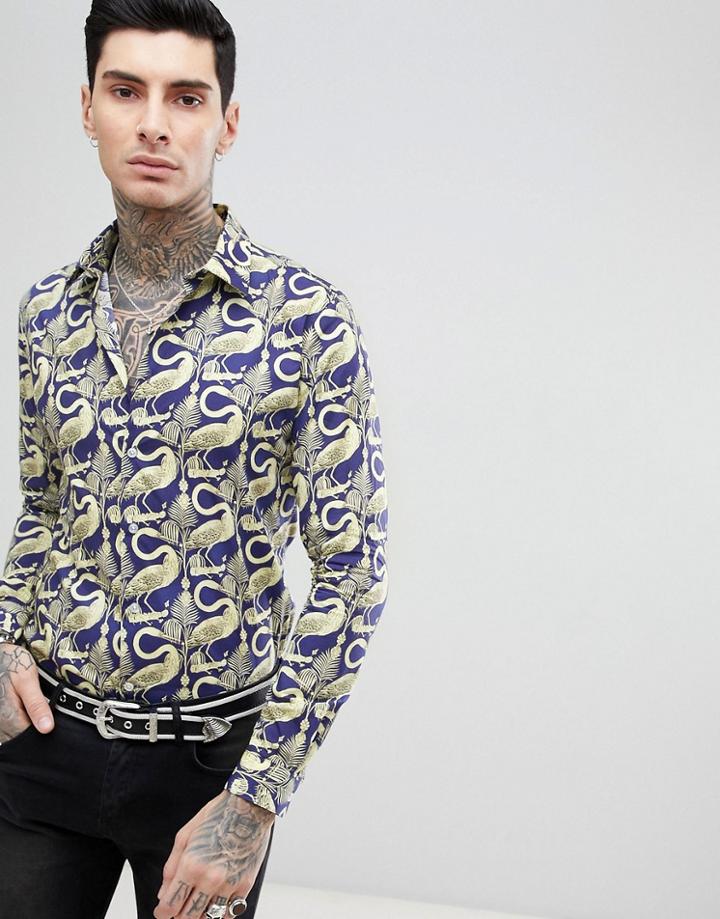 Devil's Advocate Long Sleeve Slim Fit Pelican Print Shirt - Navy