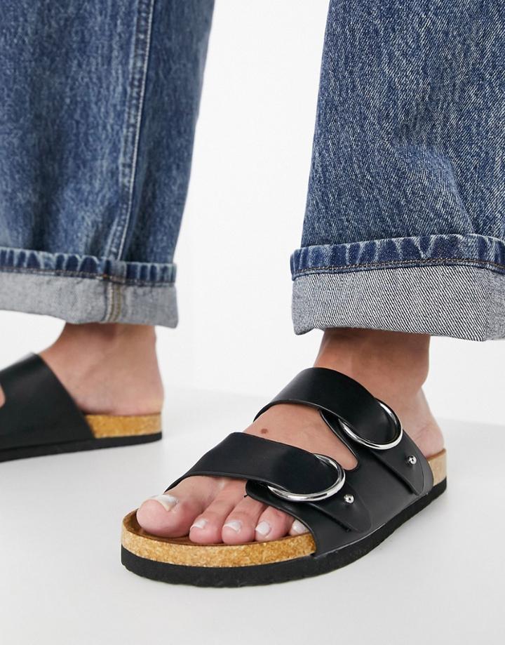 Asos Design Fewer Double Strap Buckle Sandals In Black
