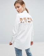 Asos Denim Oversize Shirt With Tie Detail Back In Off White - White