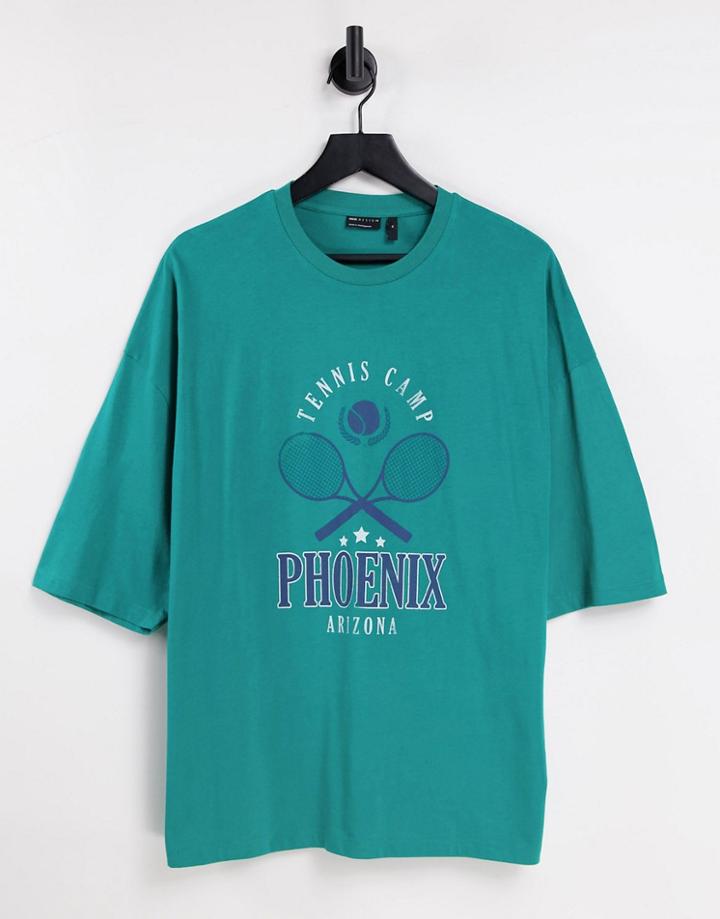 Asos Design Oversized T-shirt In Green With Phoenix Tennis Club Print