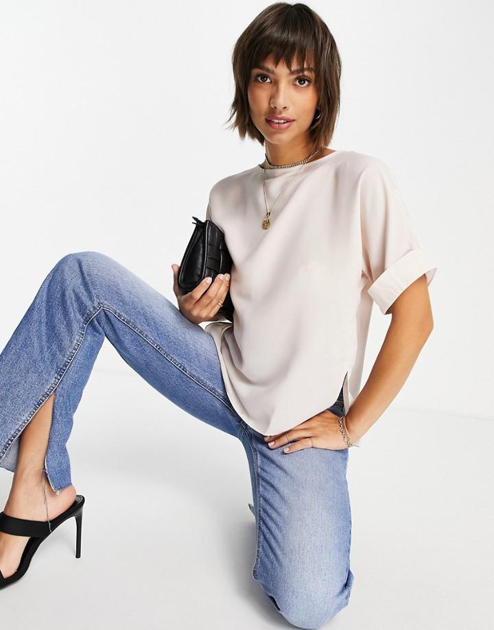 Asos Design Oversized Woven Tee With Roll Sleeve In Oyster-no Color