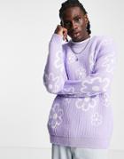 Asos Design Knitted Textured Rib Sweater With All Over Floral In Lilac-purple