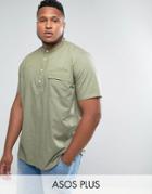 Asos Plus Regular Fit Linen Look Grandad Shirt In Khaki - Green