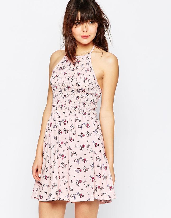 Asos Shirred Halter Sundress In Ditsy Print - Multi