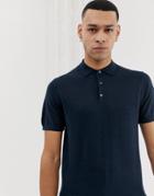 Selected Homme Knitted Polo Shirt In 100% Merino - Navy