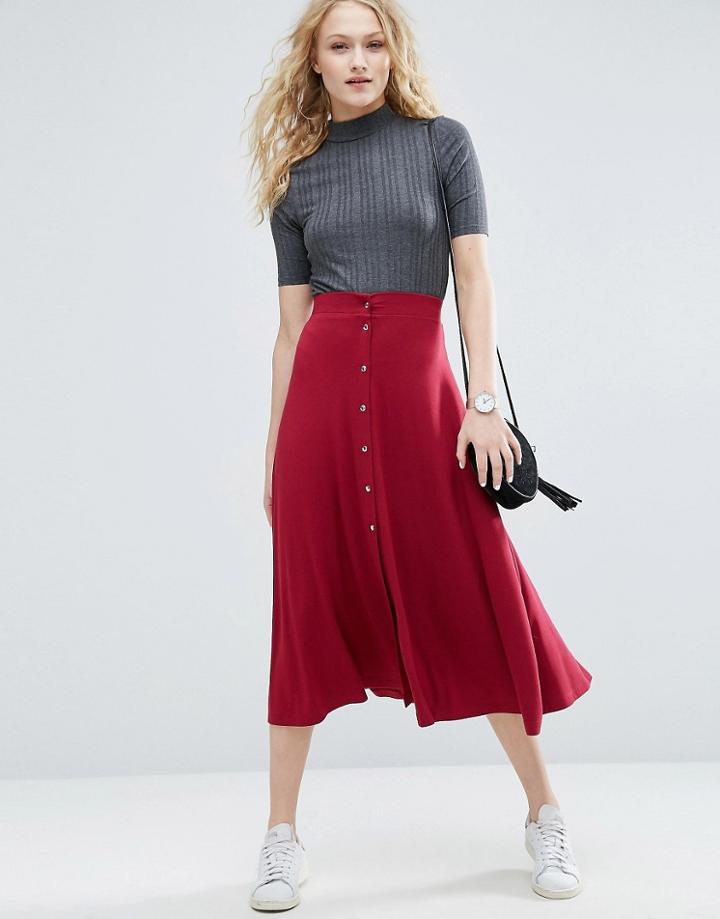 Asos Midi Skater Skirt With Poppers - Gray
