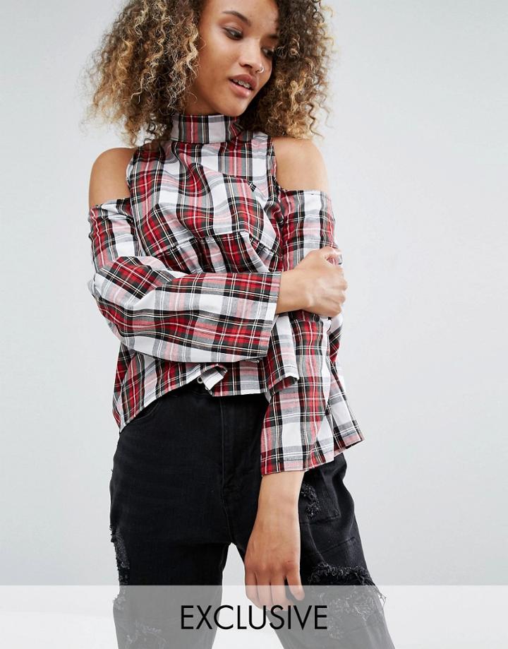 Milk It Vintage High Neck Top With Frill Hem And Cold Shoulder In Plaid - Black
