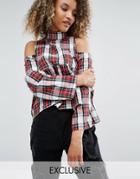 Milk It Vintage High Neck Top With Frill Hem And Cold Shoulder In Plaid - Black