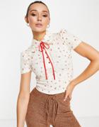 Lost Ink Strawberry Print Polo Tee In White-multi