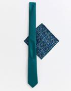 Asos Design Slim Tie & Ditsy Floral Pocket Sqaure In Green - Green
