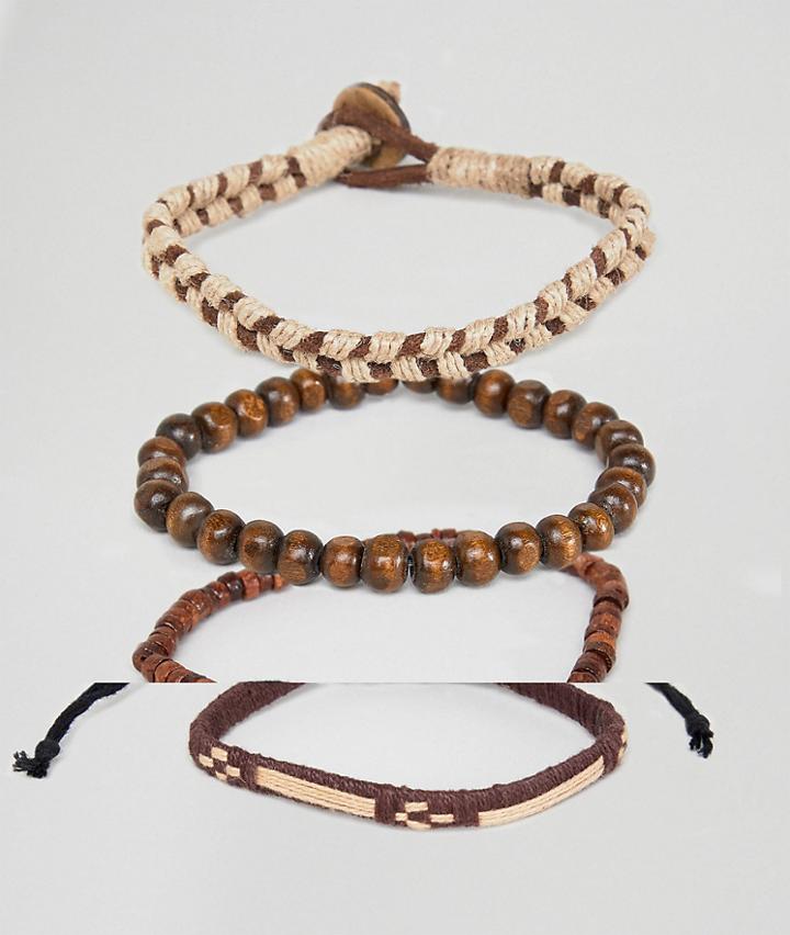 Asos Design Bracelet Pack With Beads And Rope In Brown - Brown