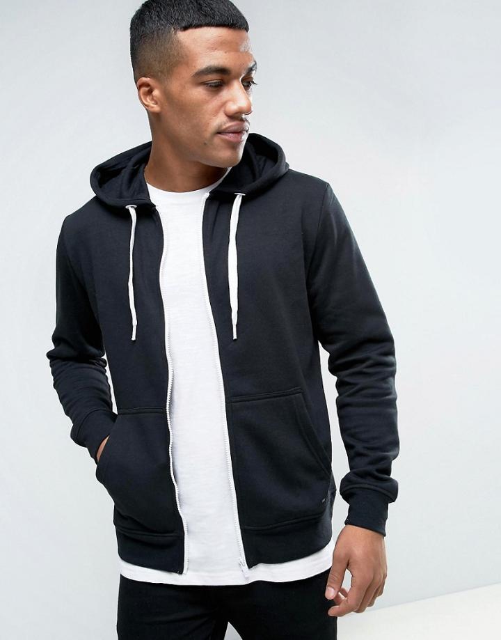 Solid Zip Up Hoodie In Black - Black