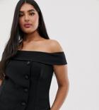 River Island Plus Bardot Top With Asymmetric Button Detail In Black - Black