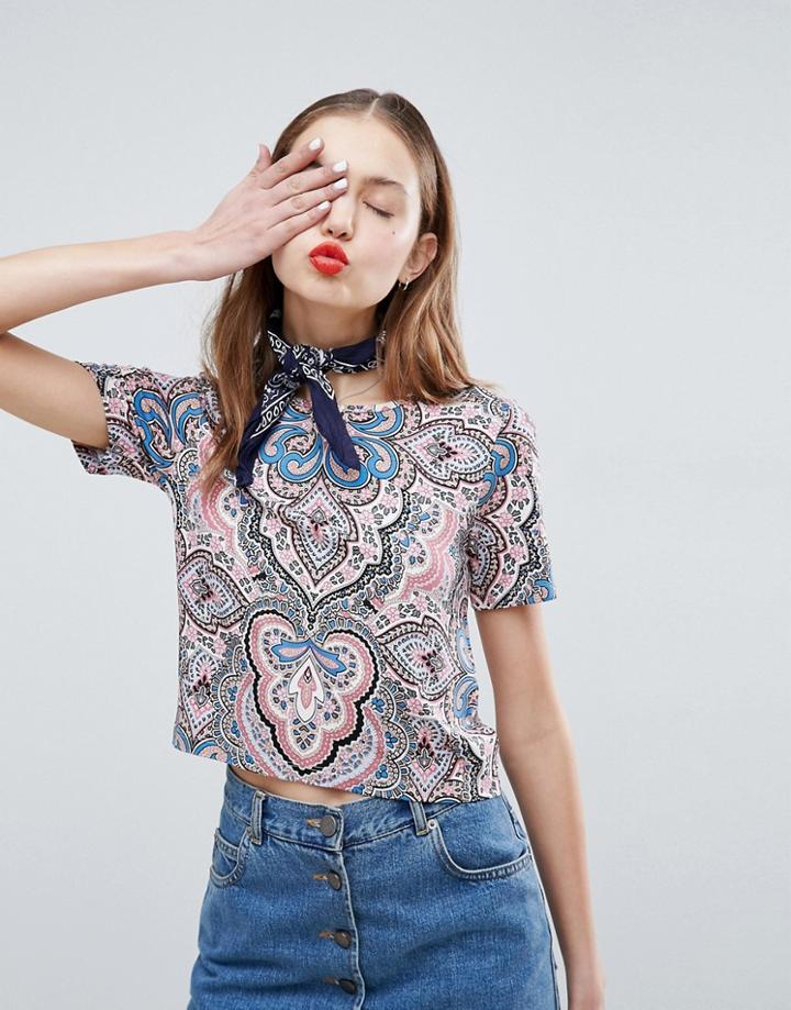 Asos Boxy Crop T-shirt In Paisley Print - Multi