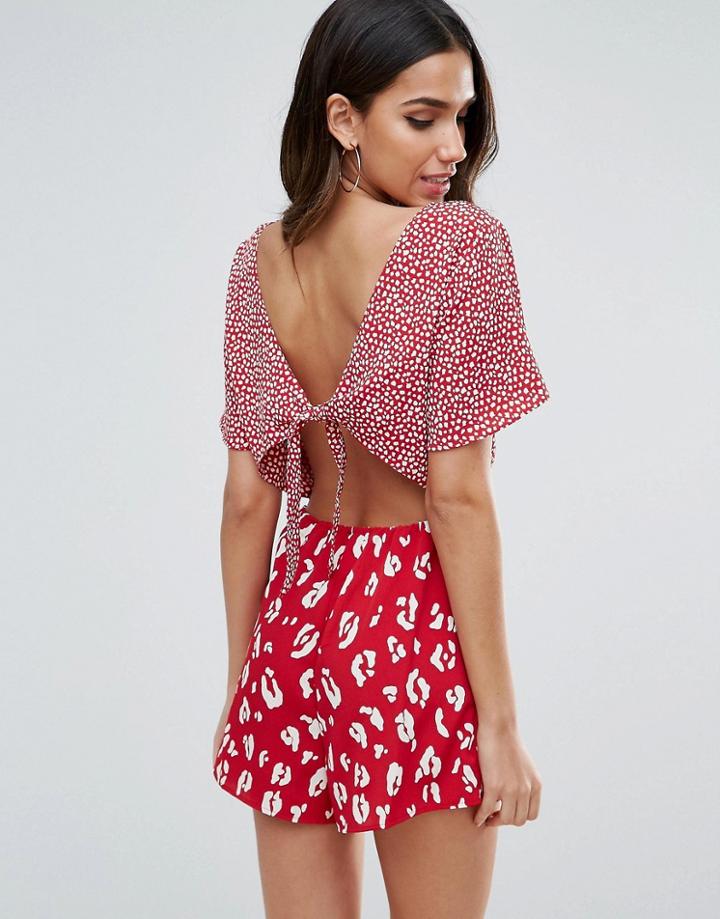 Asos Leopard Print Romper With Open Back Detail - Red