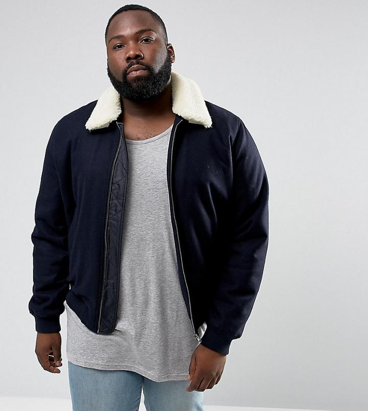 Asos Plus Wool Mix Harrington Jacket With Fleece Collar In Navy